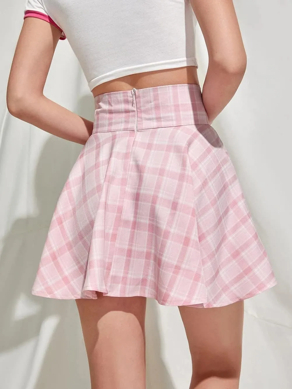 CHARTOU Women's Sexy Plaid Lace Up High Waist A-Line Pleated Skater Mini Skirt