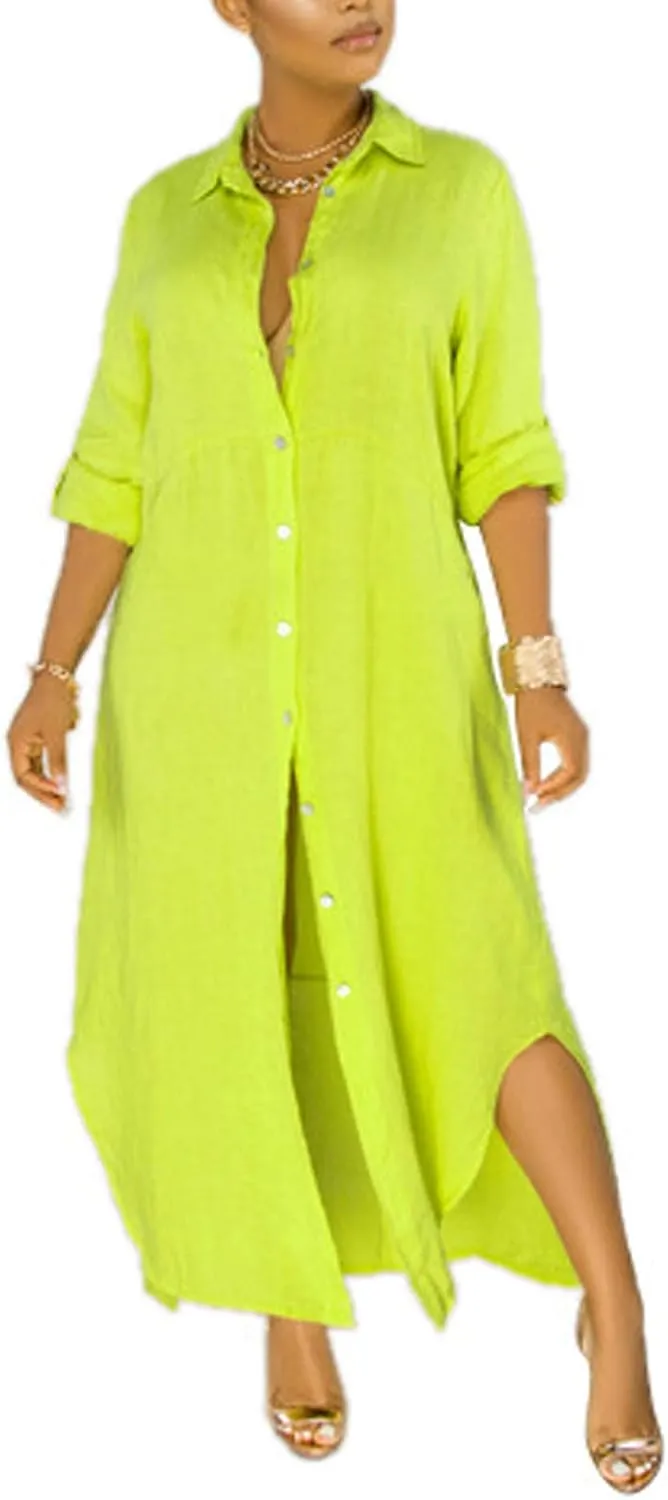 Chatinction Women Solid Color 3/4 Rolled-Up Sleeve Dress Sexy Buttons Down Side Slit Shirts Maxi Dresses