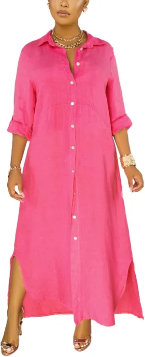 Chatinction Women Solid Color 3/4 Rolled-Up Sleeve Dress Sexy Buttons Down Side Slit Shirts Maxi Dresses