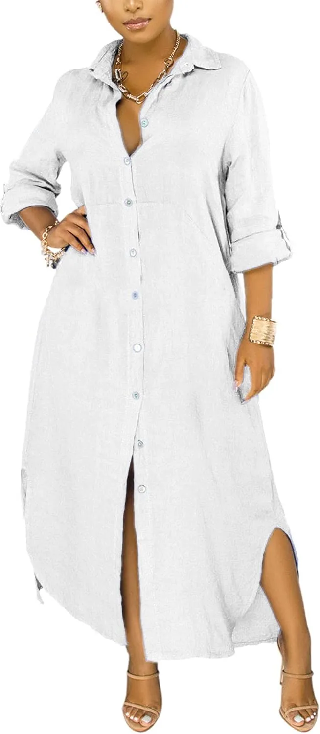 Chatinction Women Solid Color 3/4 Rolled-Up Sleeve Dress Sexy Buttons Down Side Slit Shirts Maxi Dresses