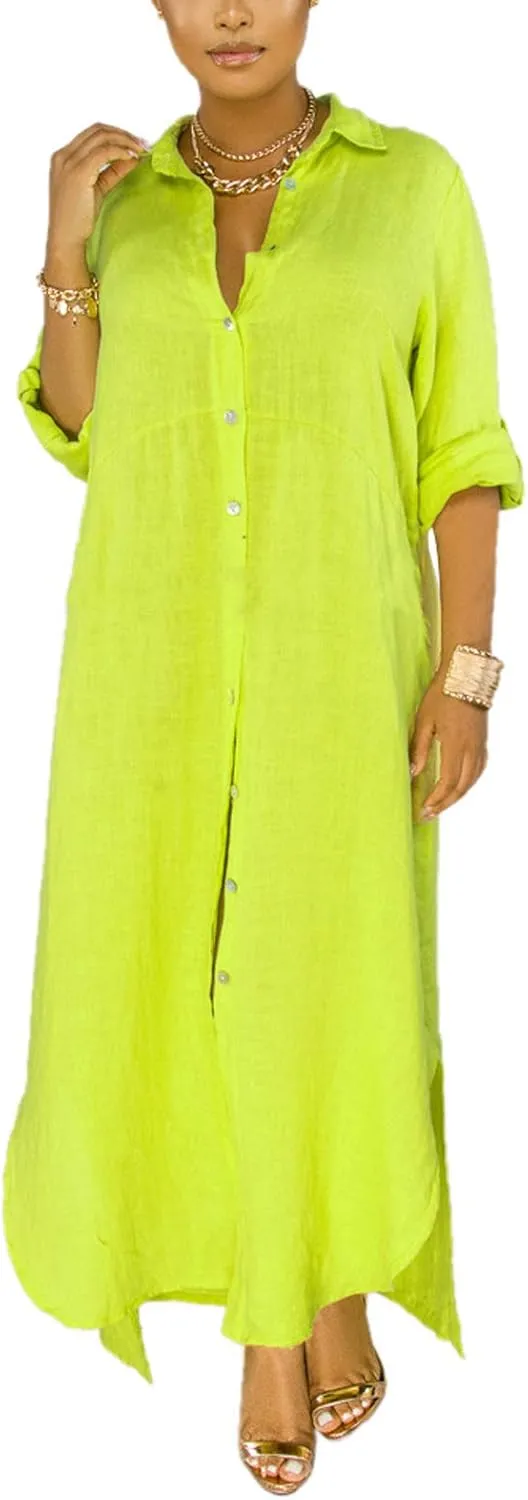 Chatinction Women Solid Color 3/4 Rolled-Up Sleeve Dress Sexy Buttons Down Side Slit Shirts Maxi Dresses