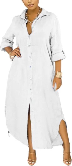 Chatinction Women Solid Color 3/4 Rolled-Up Sleeve Dress Sexy Buttons Down Side Slit Shirts Maxi Dresses