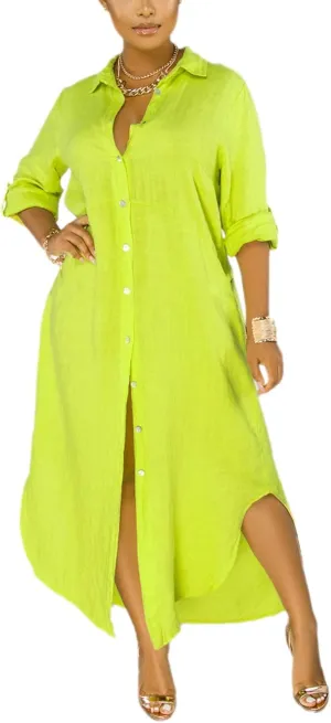 Chatinction Women Solid Color 3/4 Rolled-Up Sleeve Dress Sexy Buttons Down Side Slit Shirts Maxi Dresses
