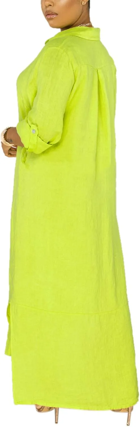 Chatinction Women Solid Color 3/4 Rolled-Up Sleeve Dress Sexy Buttons Down Side Slit Shirts Maxi Dresses