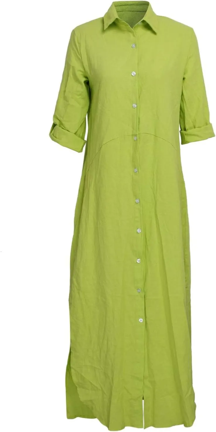 Chatinction Women Solid Color 3/4 Rolled-Up Sleeve Dress Sexy Buttons Down Side Slit Shirts Maxi Dresses