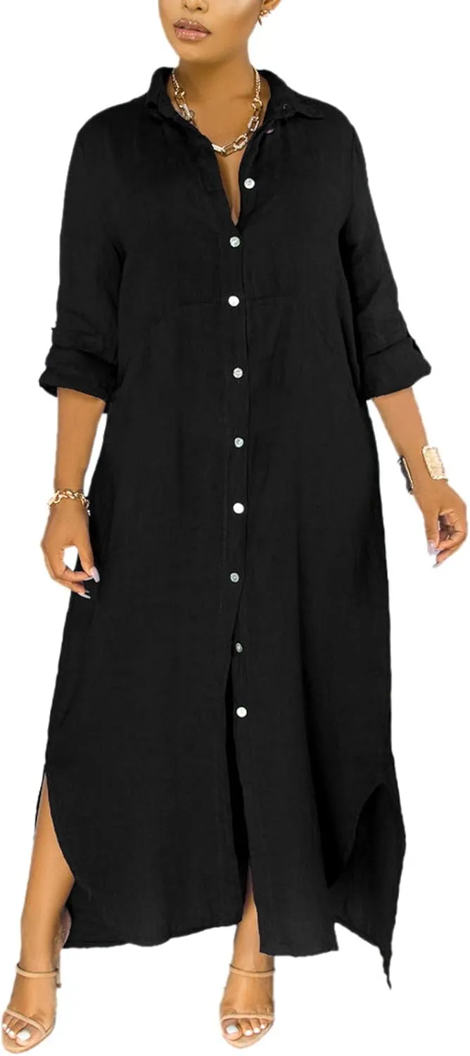 Chatinction Women Solid Color 3/4 Rolled-Up Sleeve Dress Sexy Buttons Down Side Slit Shirts Maxi Dresses