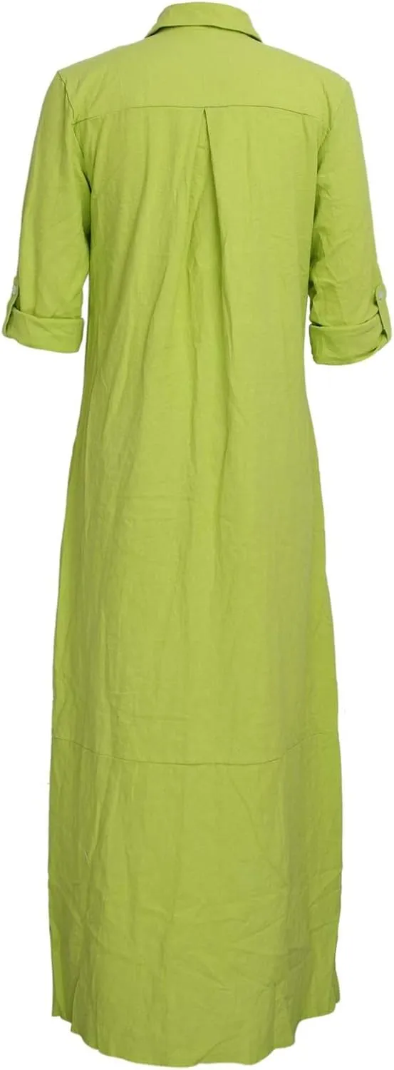Chatinction Women Solid Color 3/4 Rolled-Up Sleeve Dress Sexy Buttons Down Side Slit Shirts Maxi Dresses