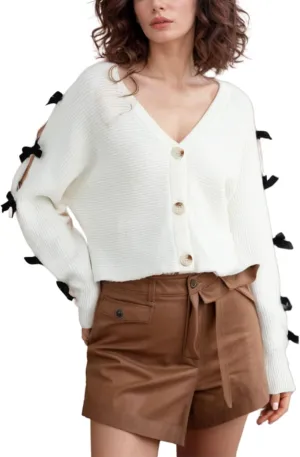 Chevara Womens Bowknot Split Sleeves Cropped Knitted Cardigan V Neck Button Up Y2K Knit Outerwear