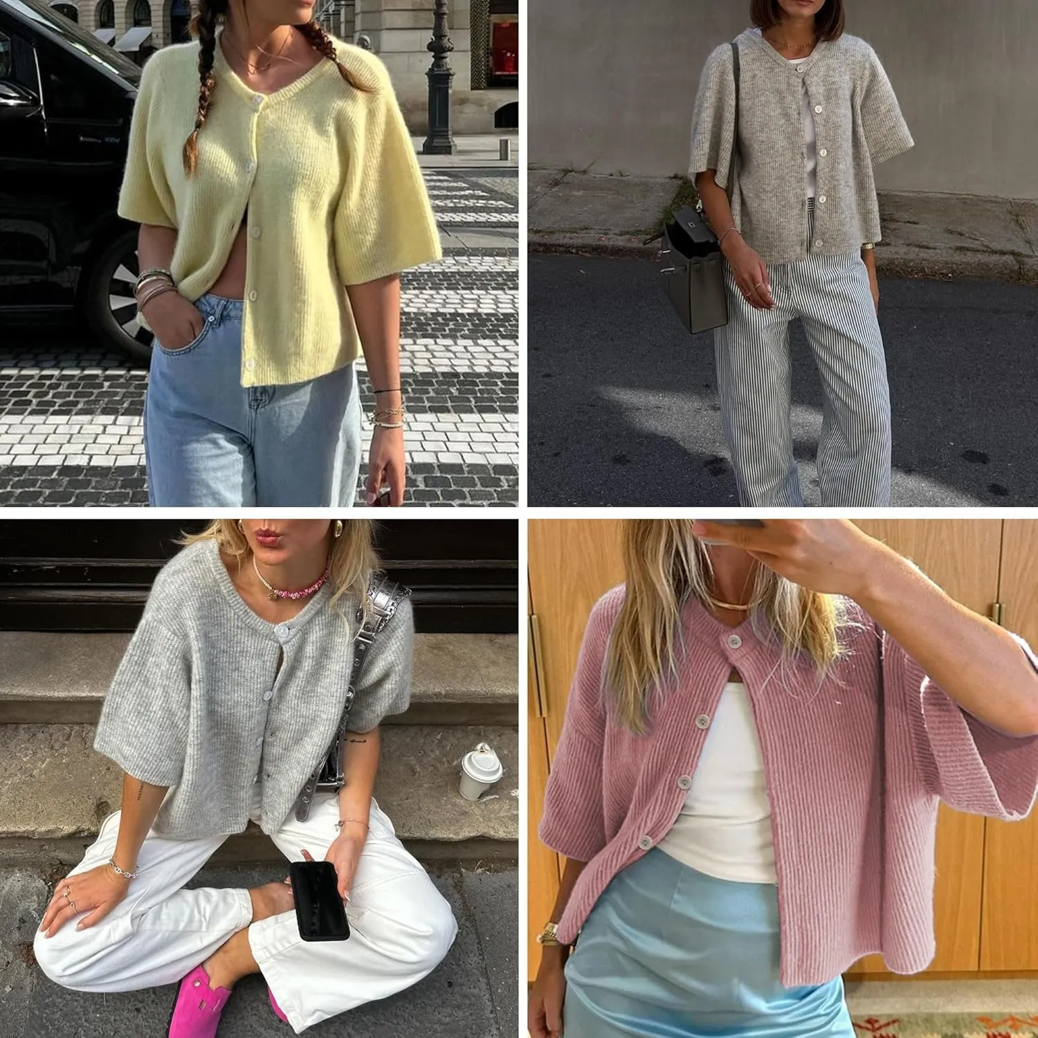 Chevara Womens Cropped Knitted Cardigan Shirt Short Sleeve Button Down Summer Outwear Tops