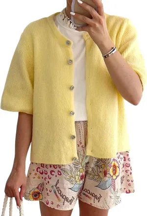 Chevara Womens Cropped Knitted Cardigan Shirt Short Sleeve Button Down Summer Outwear Tops