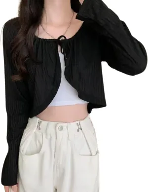 Chevara Womens Long Sleeve Knit Shrug Crop Top Tie Front Crew Neck Cropped Cardigan Shrug Sweaters