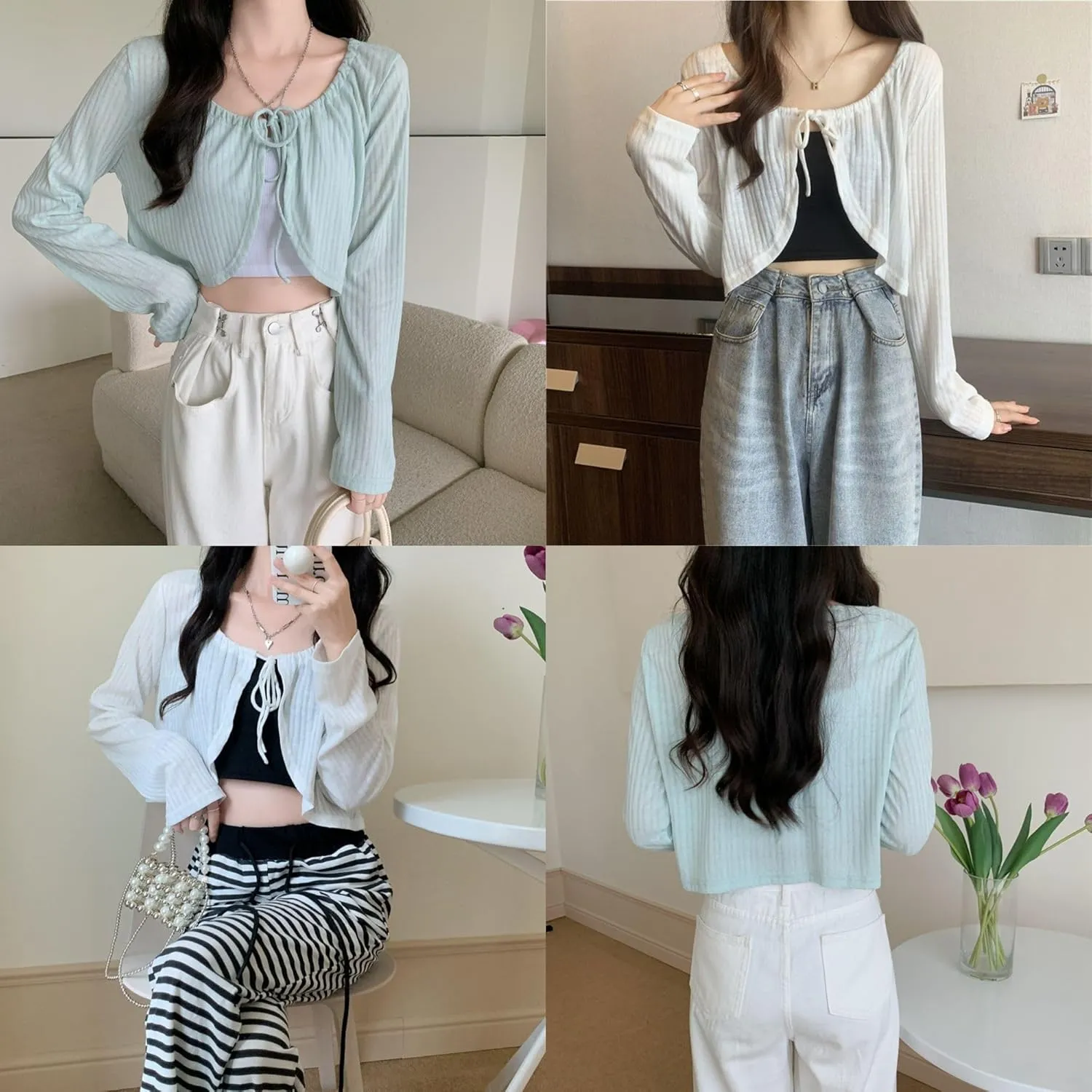 Chevara Womens Long Sleeve Knit Shrug Crop Top Tie Front Crew Neck Cropped Cardigan Shrug Sweaters