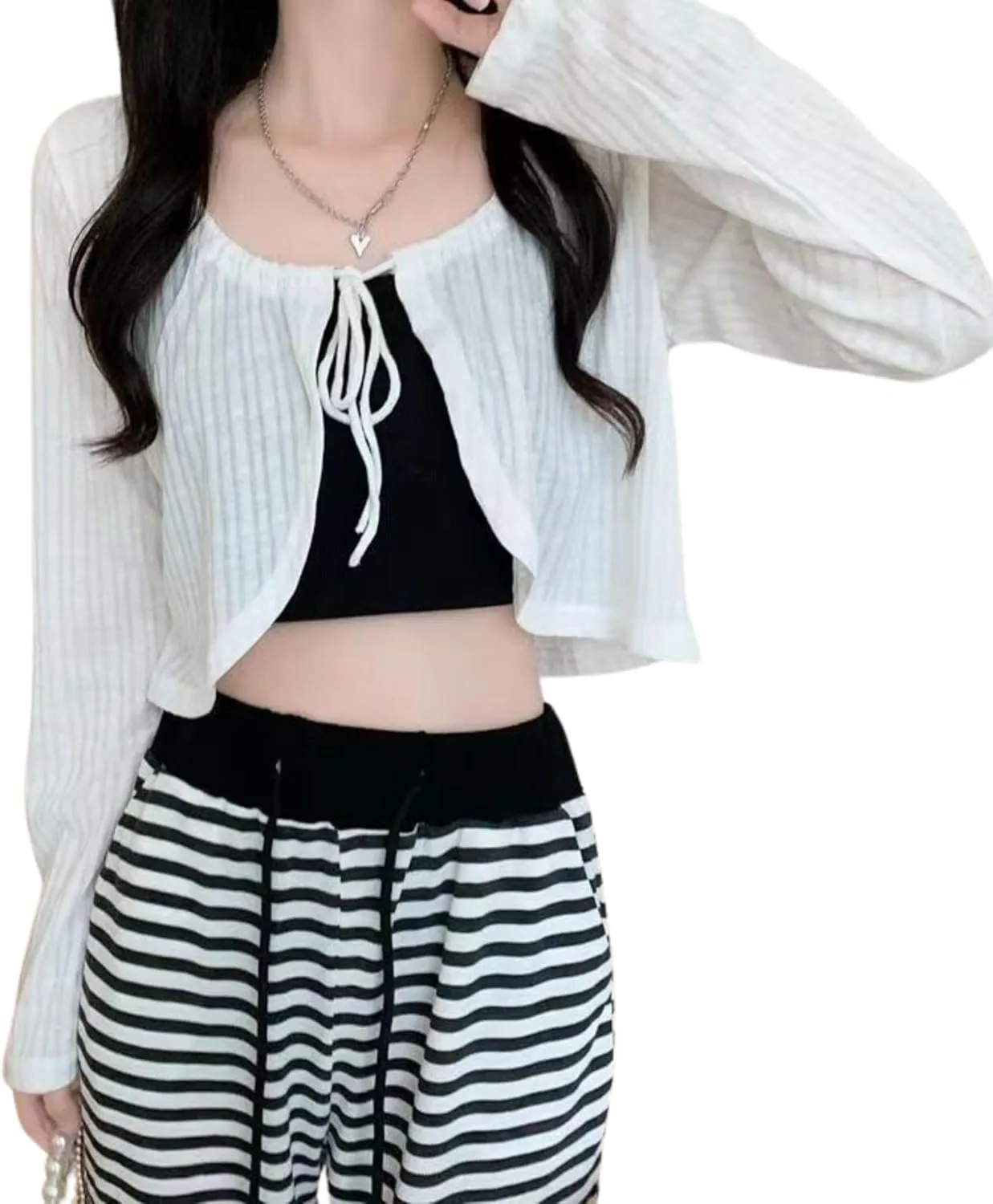 Chevara Womens Long Sleeve Knit Shrug Crop Top Tie Front Crew Neck Cropped Cardigan Shrug Sweaters