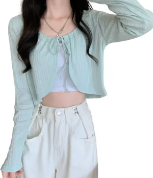 Chevara Womens Long Sleeve Knit Shrug Crop Top Tie Front Crew Neck Cropped Cardigan Shrug Sweaters