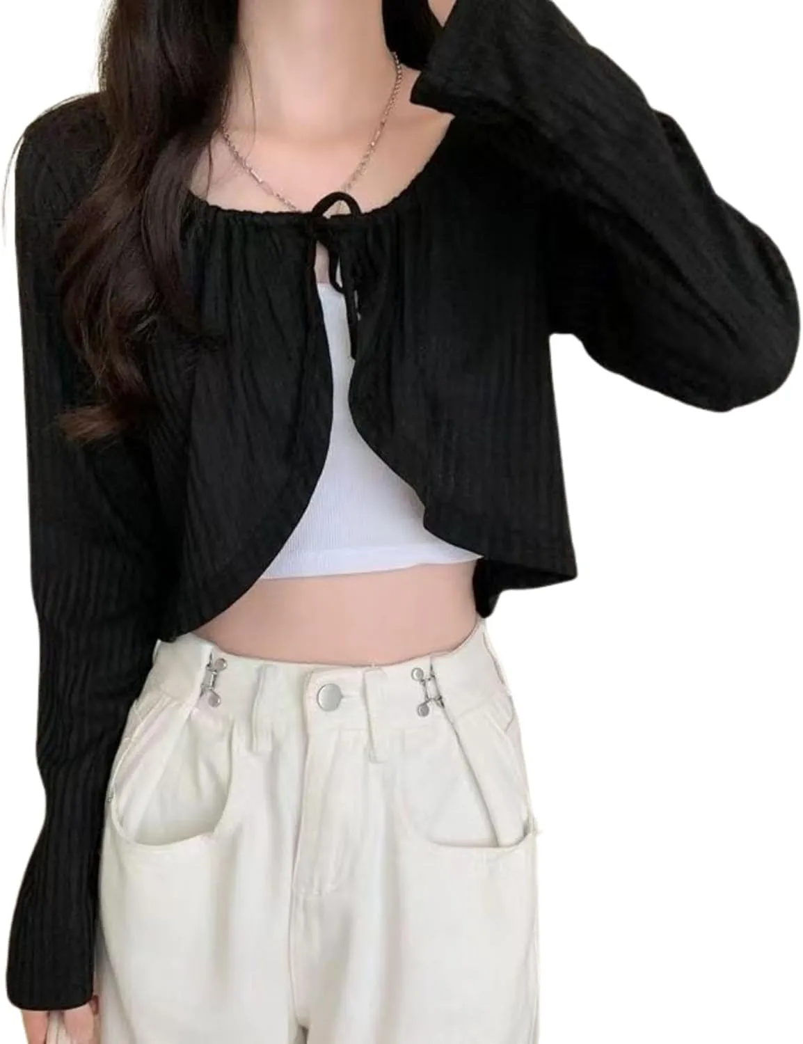 Chevara Womens Long Sleeve Knit Shrug Crop Top Tie Front Crew Neck Cropped Cardigan Shrug Sweaters