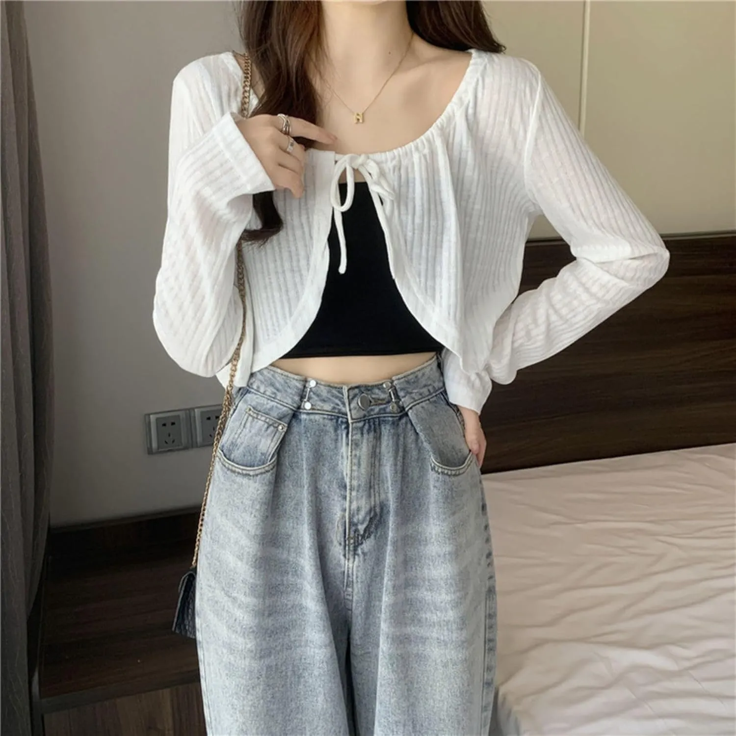 Chevara Womens Long Sleeve Knit Shrug Crop Top Tie Front Crew Neck Cropped Cardigan Shrug Sweaters