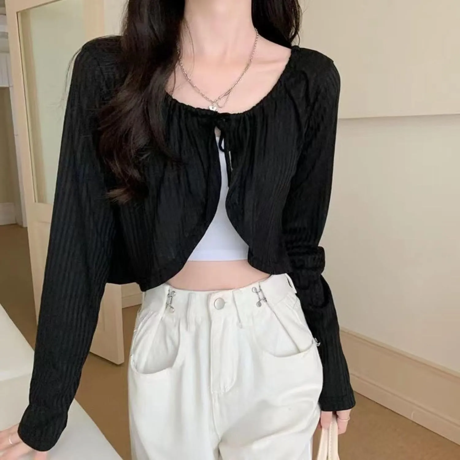Chevara Womens Long Sleeve Knit Shrug Crop Top Tie Front Crew Neck Cropped Cardigan Shrug Sweaters