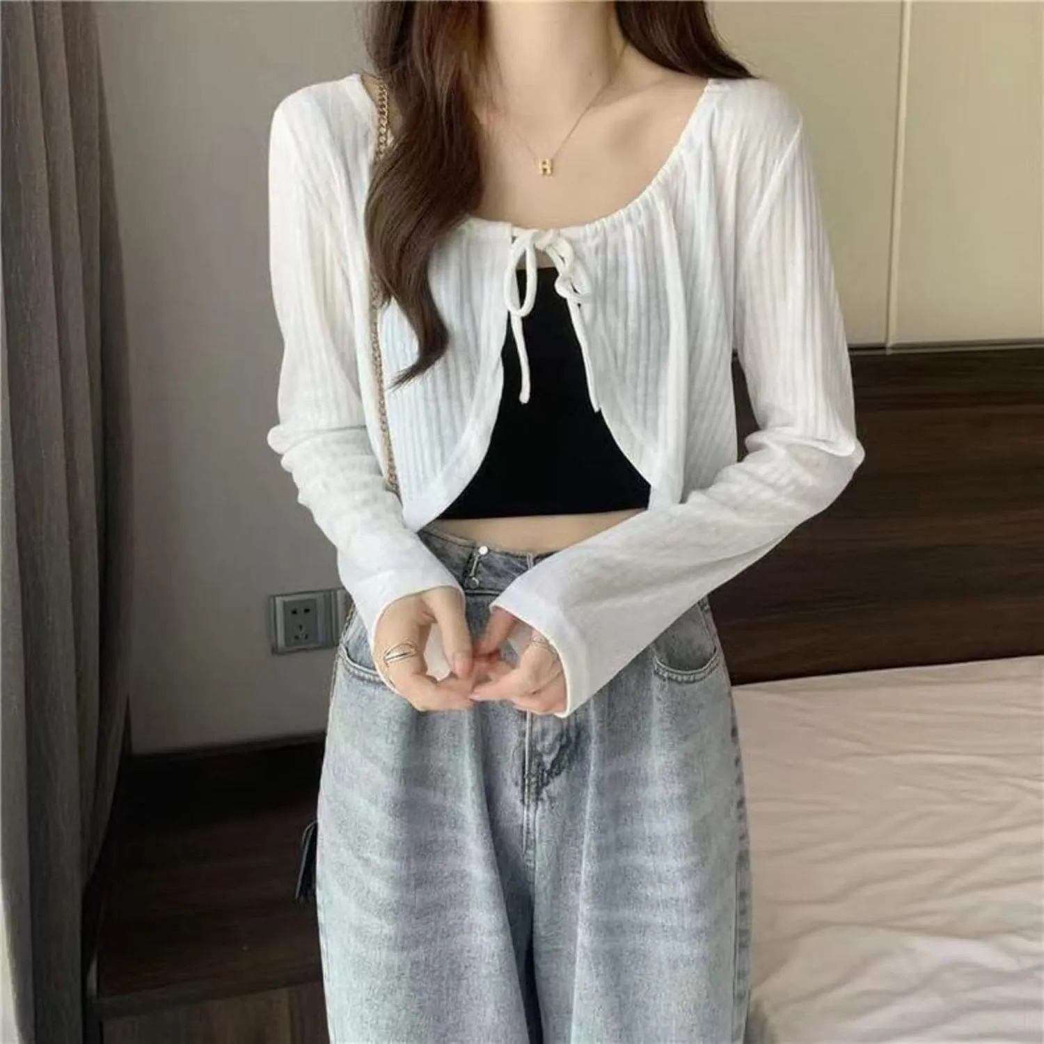 Chevara Womens Long Sleeve Knit Shrug Crop Top Tie Front Crew Neck Cropped Cardigan Shrug Sweaters