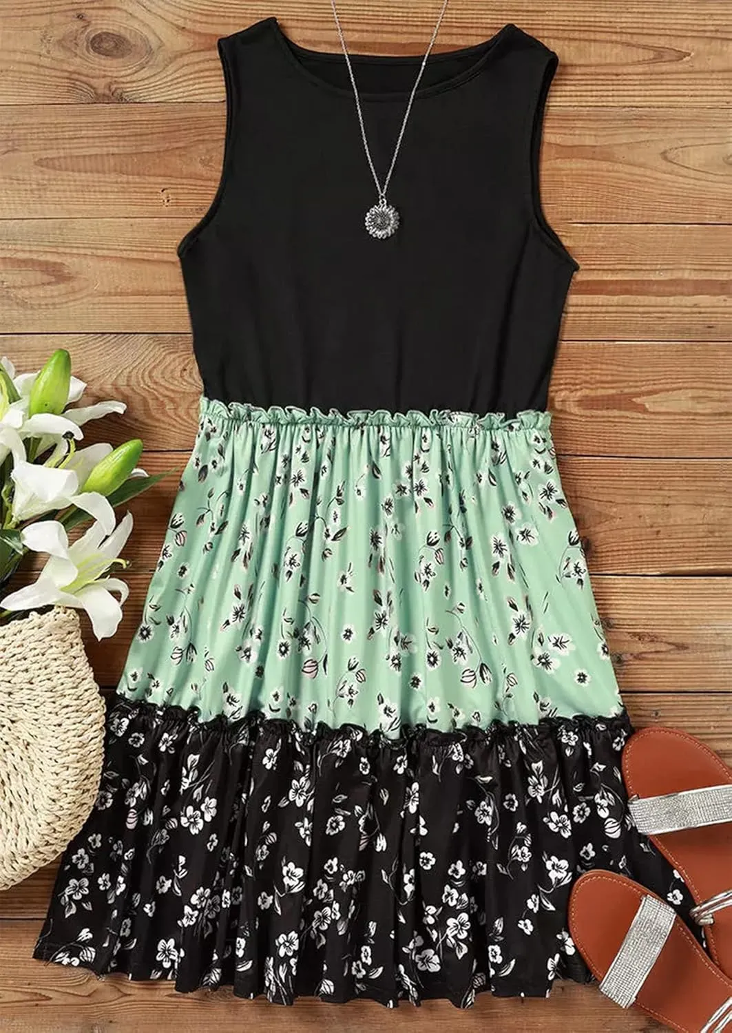 CHUNTIANRAN Square Neck Mini Dress Womens Ruched Bodycon Sleeveless Dresses Ruffle Tiered Flowy Swing Beach Mini Dress