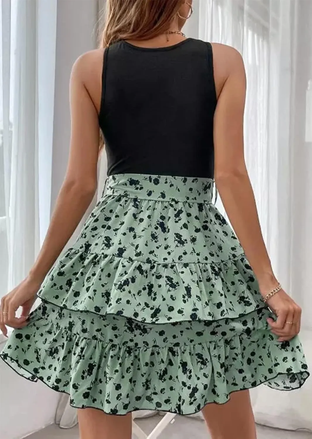 CHUNTIANRAN Square Neck Mini Dress Womens Ruched Bodycon Sleeveless Dresses Ruffle Tiered Flowy Swing Beach Mini Dress