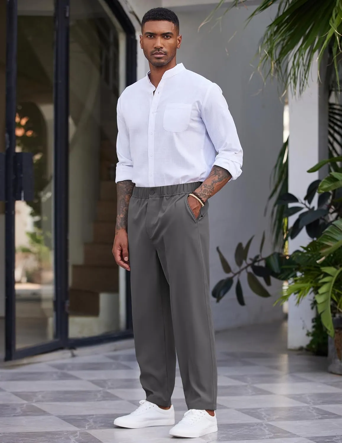 COOFANDY Men's Casual Pants Relaxed Fit Flat Front Expandable Waist Chino Slack Trousers