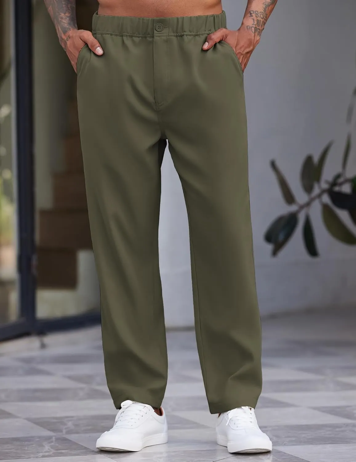 COOFANDY Men's Casual Pants Relaxed Fit Flat Front Expandable Waist Chino Slack Trousers