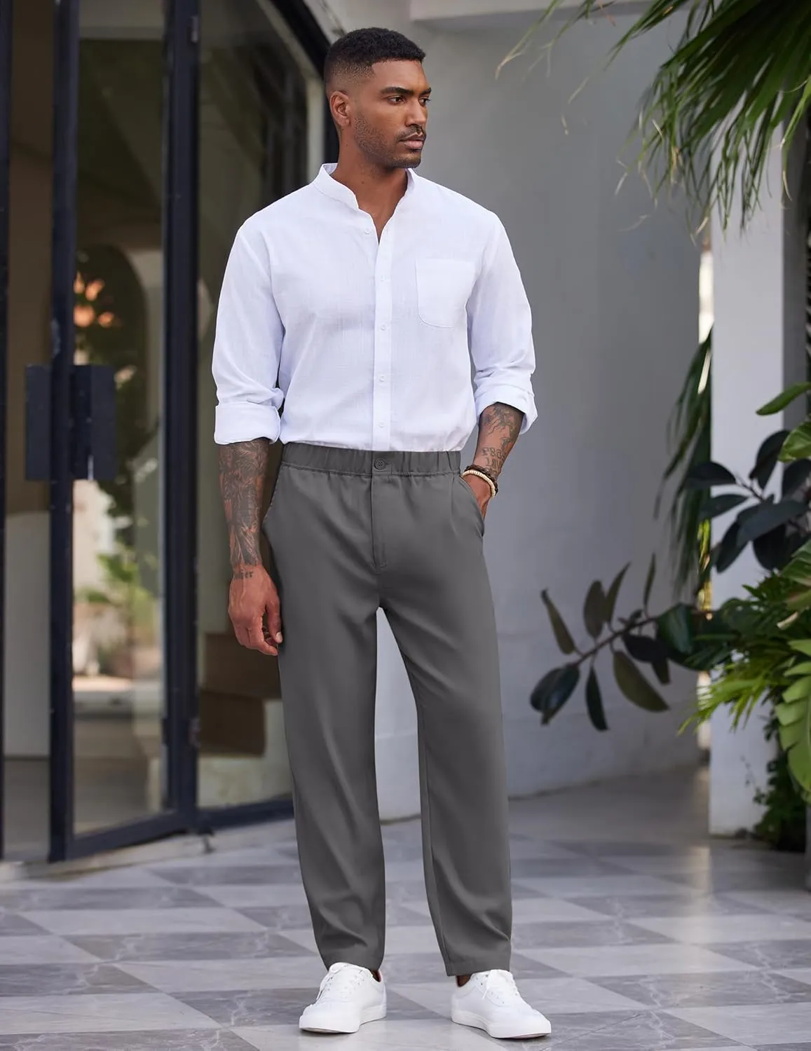 COOFANDY Men's Casual Pants Relaxed Fit Flat Front Expandable Waist Chino Slack Trousers