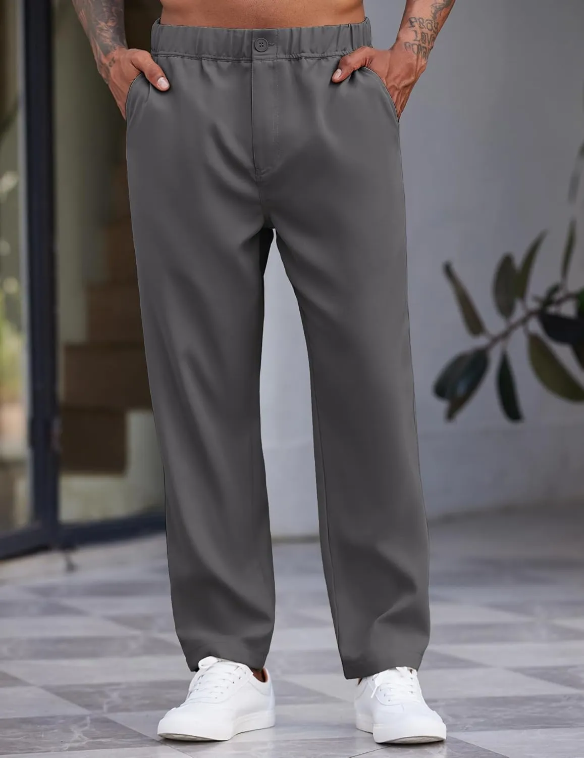 COOFANDY Men's Casual Pants Relaxed Fit Flat Front Expandable Waist Chino Slack Trousers