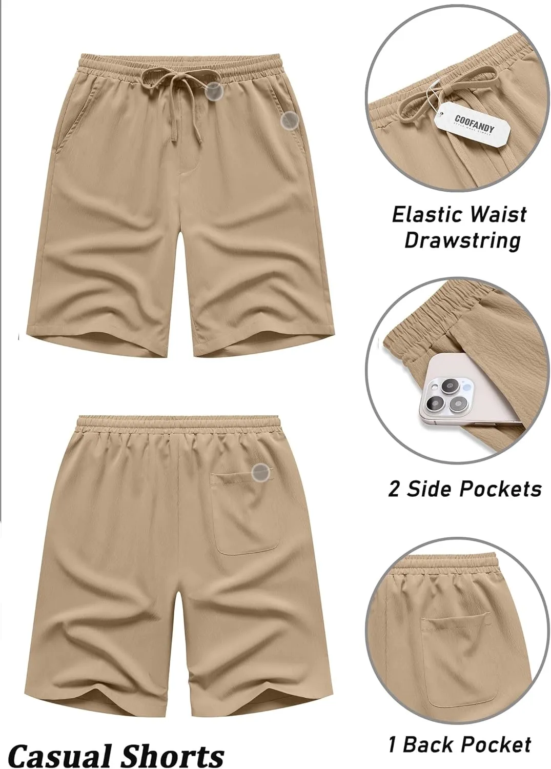 COOFANDY Men's Casual Shorts Lightweight Elastic Waist Drawstring Summer Beach Shorts with Pockets