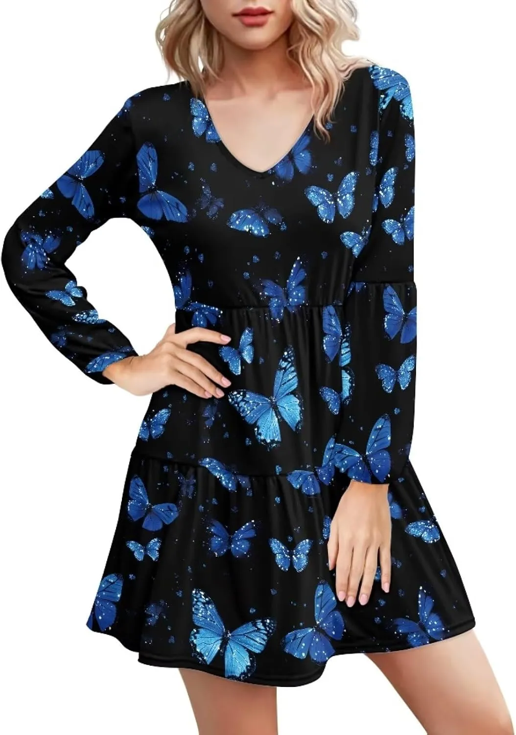 Cozeyat Women's Summer Casual Dresses Long Sleeve Autumn Puffy Dress A-Line Swing Midi Sundress