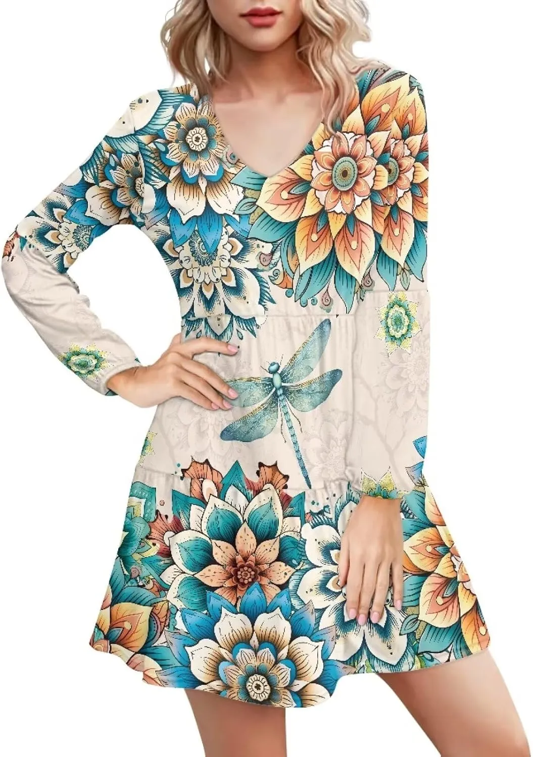 Cozeyat Women's Summer Casual Dresses Long Sleeve Autumn Puffy Dress A-Line Swing Midi Sundress