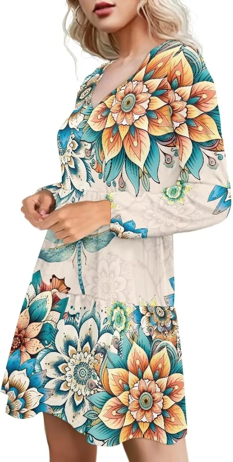 Cozeyat Women's Summer Casual Dresses Long Sleeve Autumn Puffy Dress A-Line Swing Midi Sundress