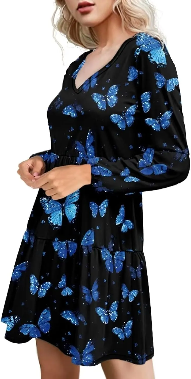 Cozeyat Women's Summer Casual Dresses Long Sleeve Autumn Puffy Dress A-Line Swing Midi Sundress