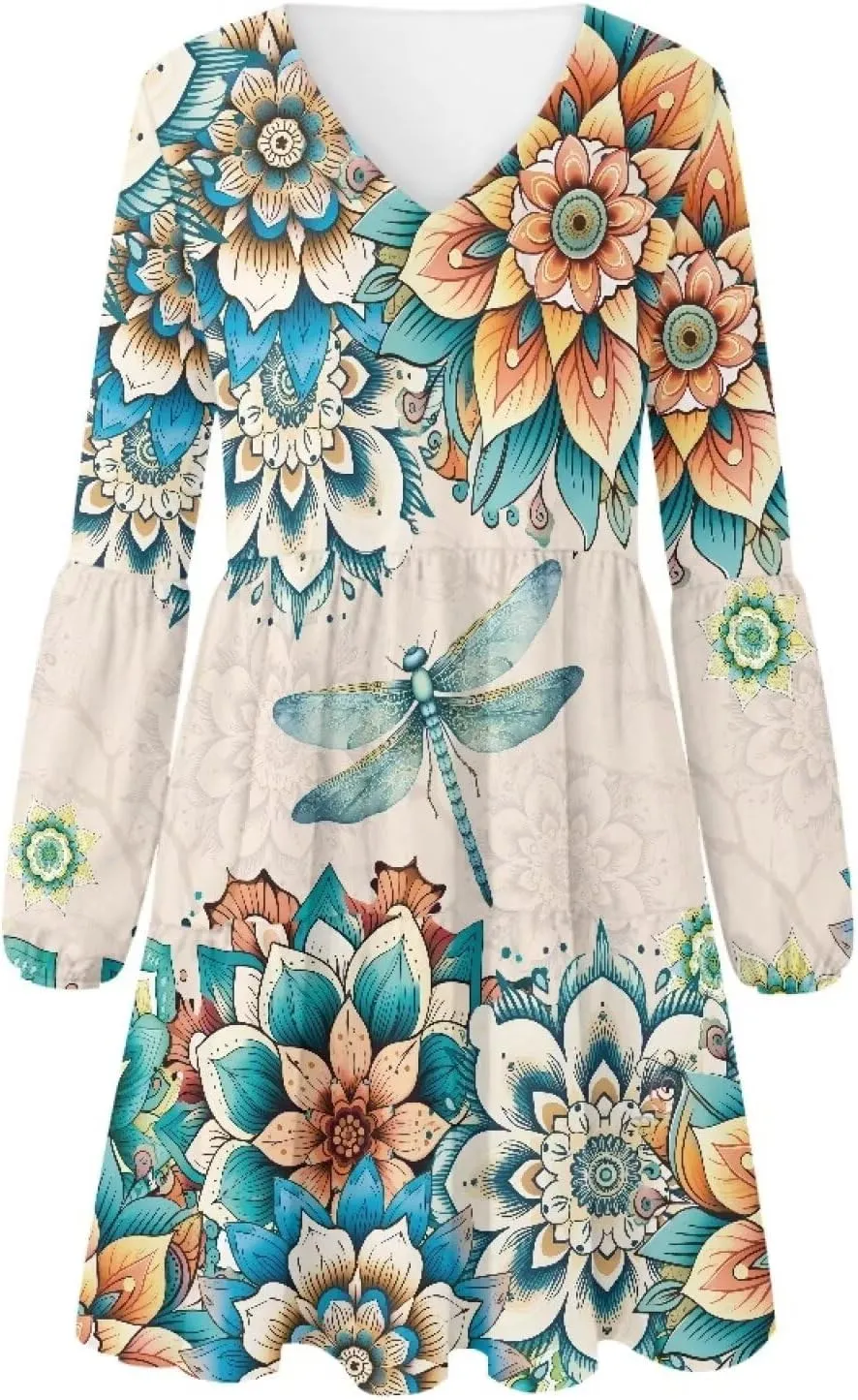 Cozeyat Women's Summer Casual Dresses Long Sleeve Autumn Puffy Dress A-Line Swing Midi Sundress