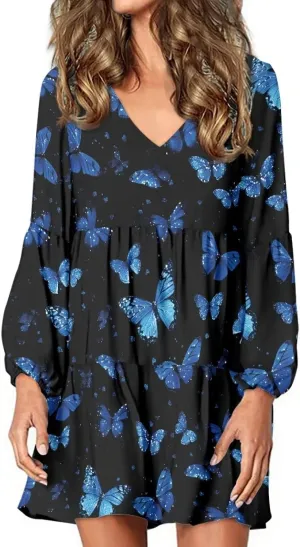 Cozeyat Women's Summer Casual Dresses Long Sleeve Autumn Puffy Dress A-Line Swing Midi Sundress