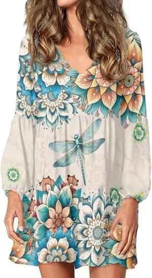 Cozeyat Women's Summer Casual Dresses Long Sleeve Autumn Puffy Dress A-Line Swing Midi Sundress
