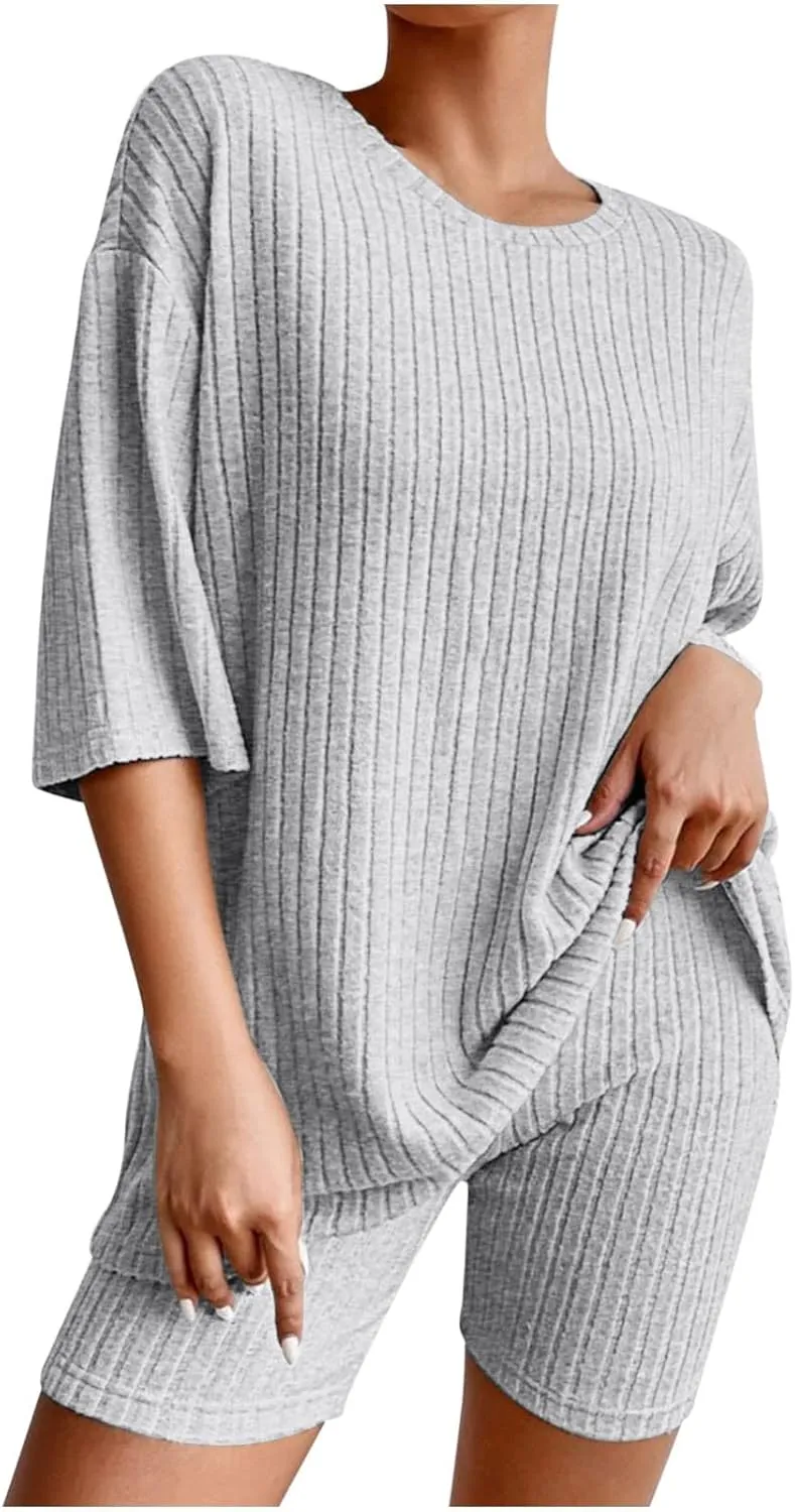 daily deals clothing Ribbed Knitted Women 2 Piece Set Casual Loose Short Sleeve Drop Shoulder Tee and Shorts Set Pajama Lounge Set