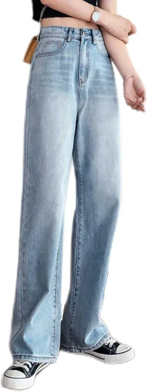 Daily Wear Loose Straight Jeans Girls Classic Relaxed Fit Mid Rise Comfortable Denim Pants Summer (Color : Light Blue, Size : S-Small)