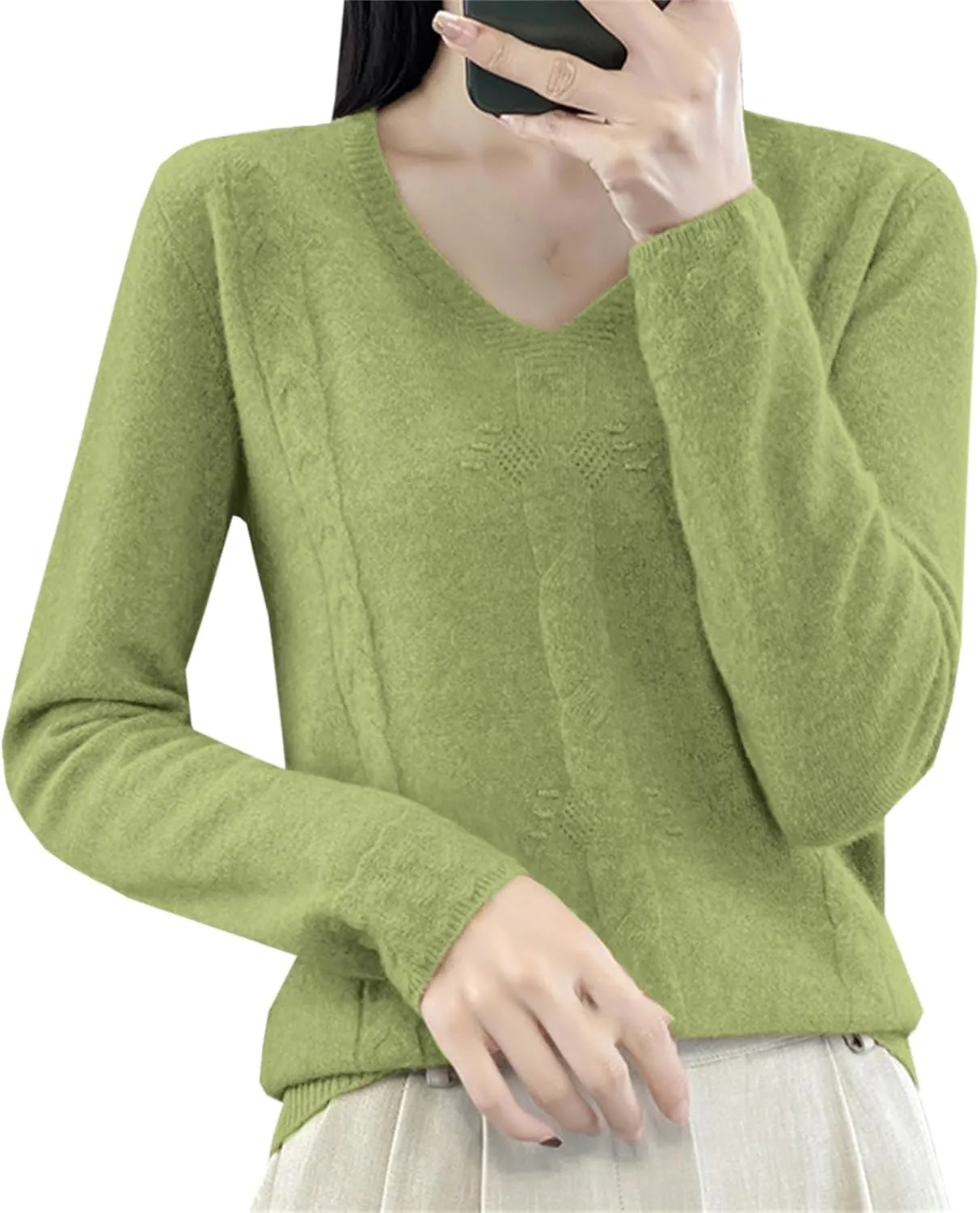 DAIMIDY Women's Solid Cable Knit Sweater Casual Long Sleeve Pullover V Neck Knitted Tops