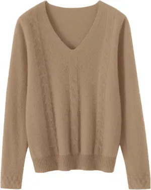 DAIMIDY Women's Solid Cable Knit Sweater Casual Long Sleeve Pullover V Neck Knitted Tops