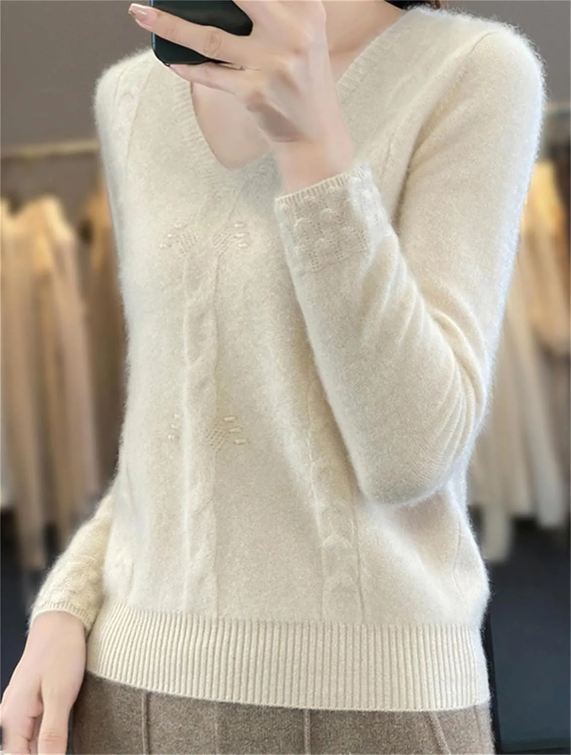 DAIMIDY Women's Solid Cable Knit Sweater Casual Long Sleeve Pullover V Neck Knitted Tops