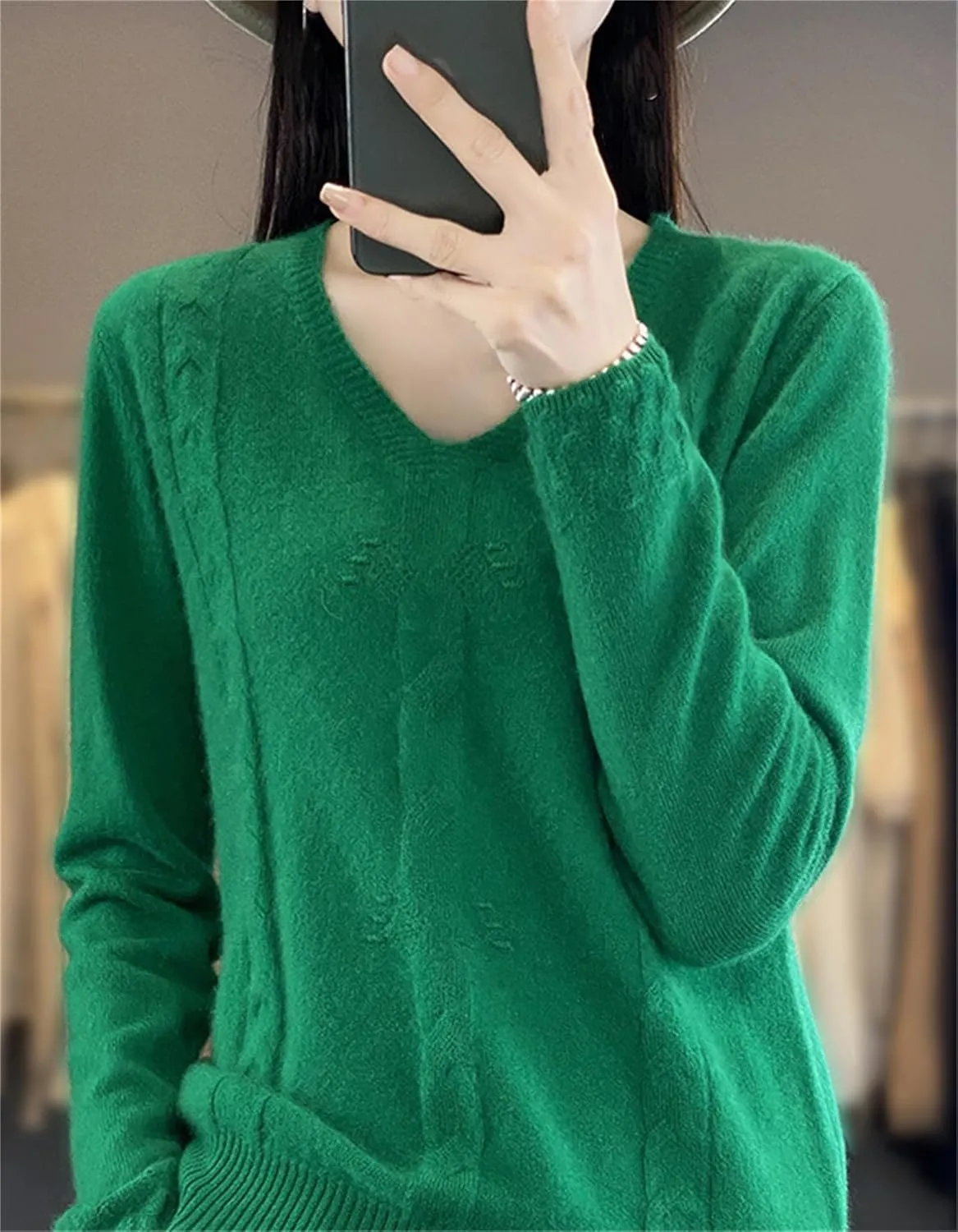 DAIMIDY Women's Solid Cable Knit Sweater Casual Long Sleeve Pullover V Neck Knitted Tops