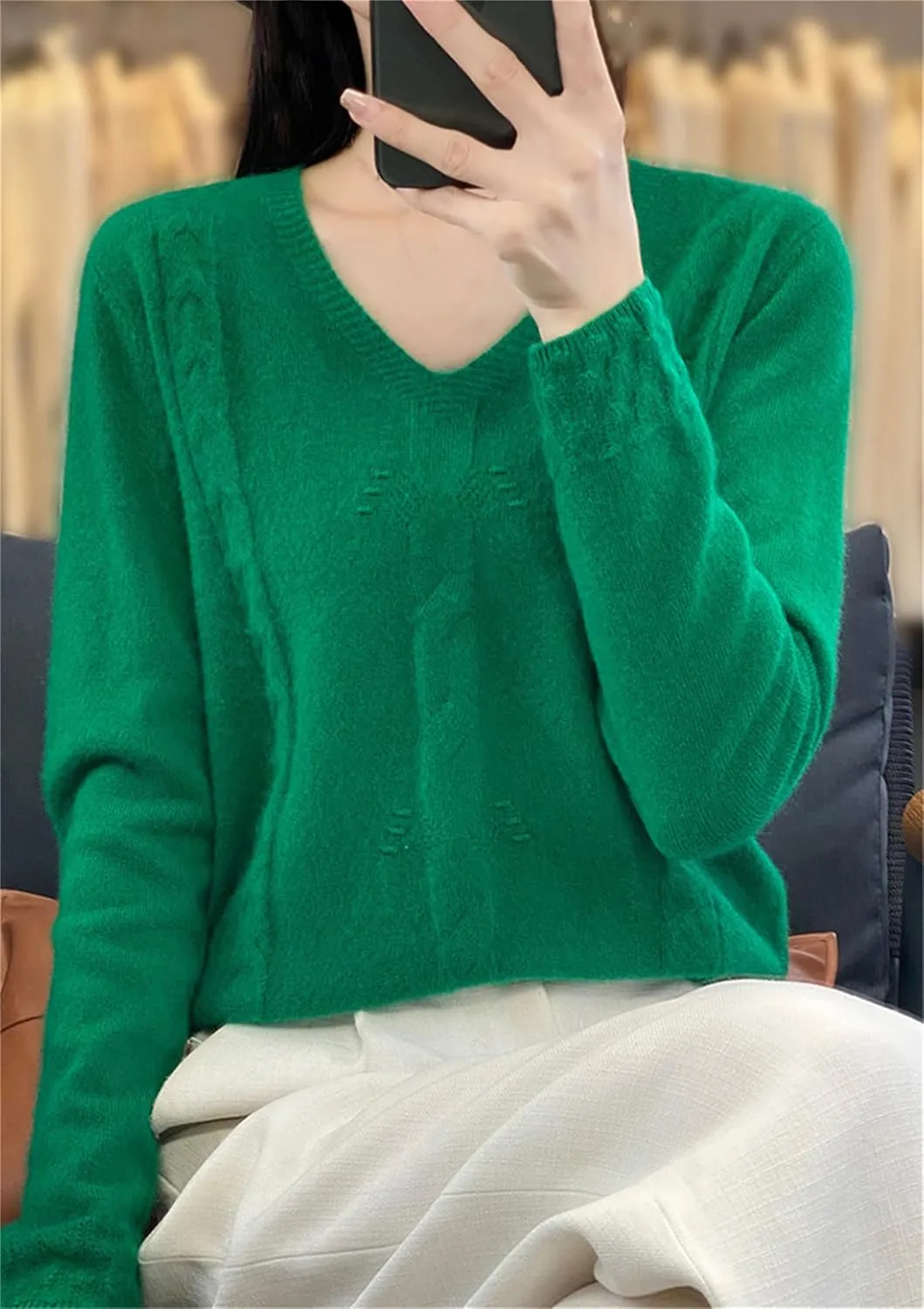 DAIMIDY Women's Solid Cable Knit Sweater Casual Long Sleeve Pullover V Neck Knitted Tops
