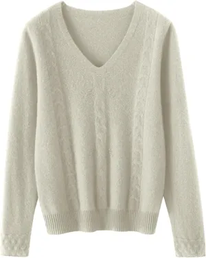 DAIMIDY Women's Solid Cable Knit Sweater Casual Long Sleeve Pullover V Neck Knitted Tops