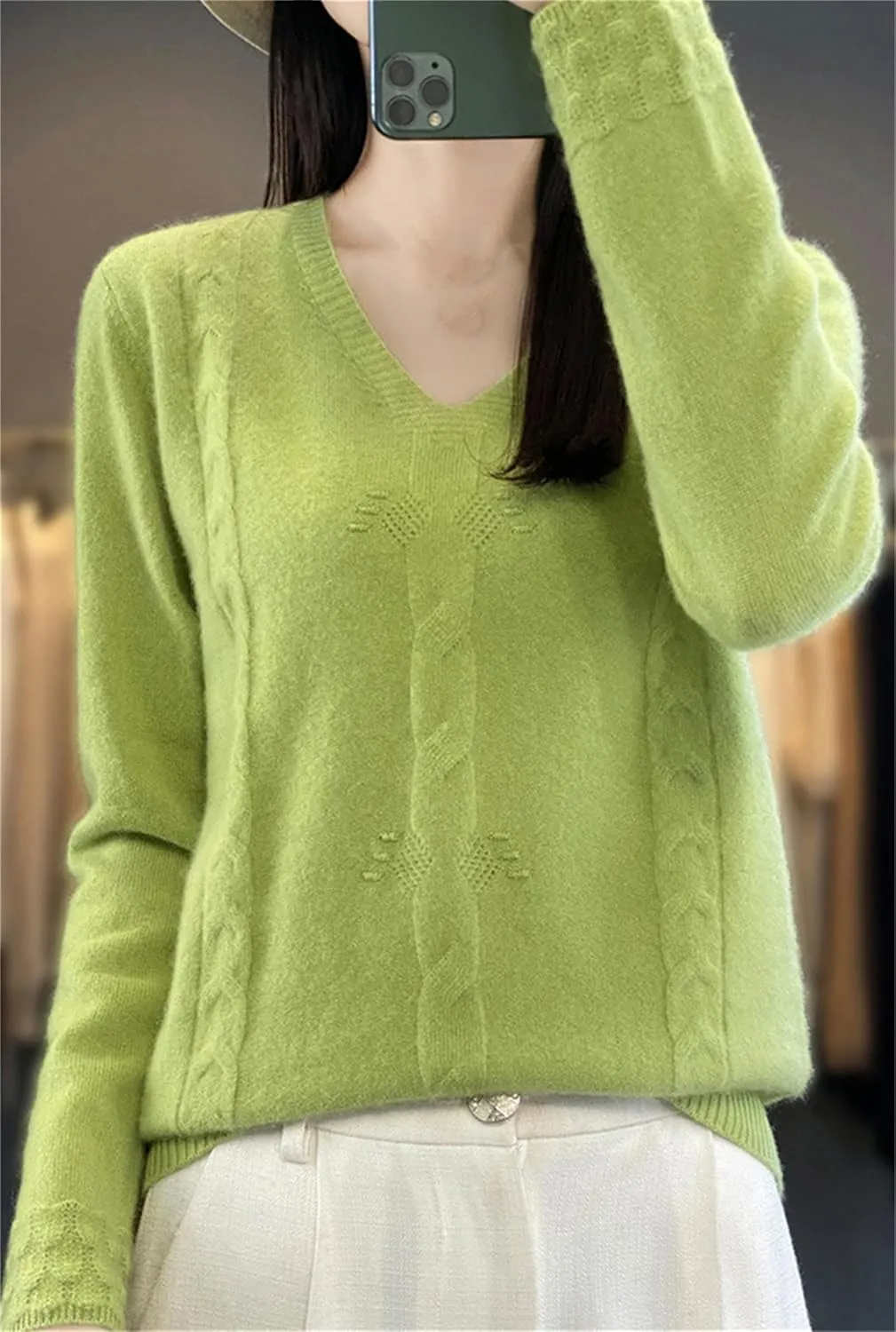 DAIMIDY Women's Solid Cable Knit Sweater Casual Long Sleeve Pullover V Neck Knitted Tops