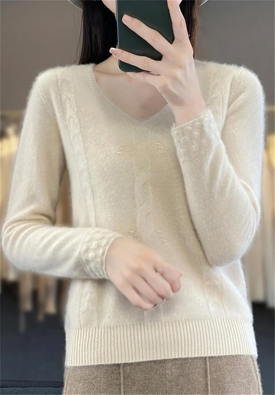 DAIMIDY Women's Solid Cable Knit Sweater Casual Long Sleeve Pullover V Neck Knitted Tops