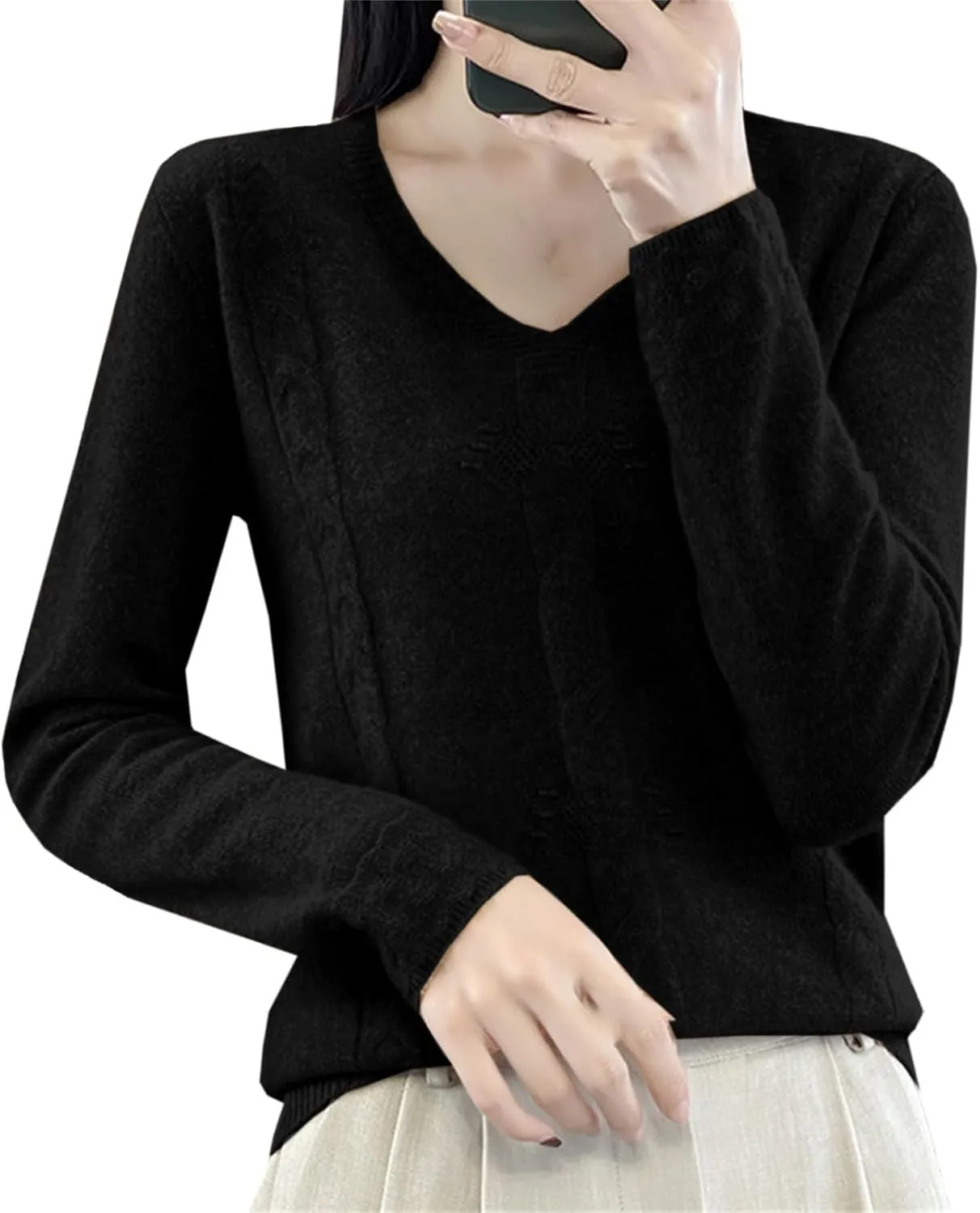 DAIMIDY Women's Solid Cable Knit Sweater Casual Long Sleeve Pullover V Neck Knitted Tops