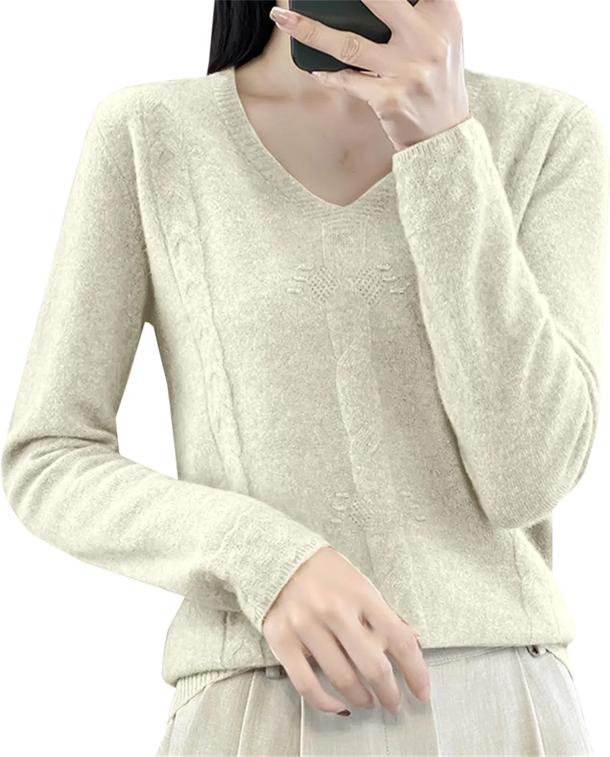 DAIMIDY Women's Solid Cable Knit Sweater Casual Long Sleeve Pullover V Neck Knitted Tops