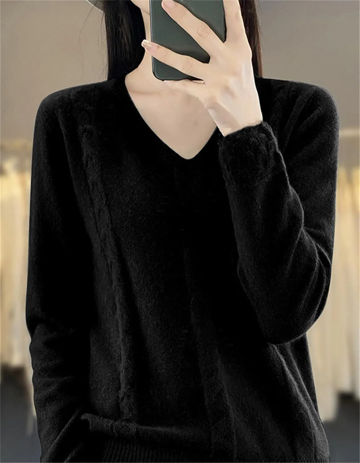 DAIMIDY Women's Solid Cable Knit Sweater Casual Long Sleeve Pullover V Neck Knitted Tops