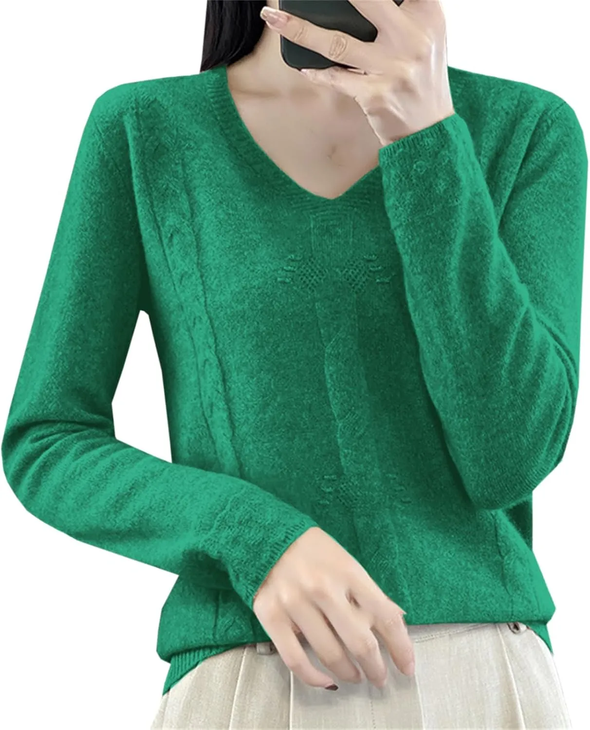 DAIMIDY Women's Solid Cable Knit Sweater Casual Long Sleeve Pullover V Neck Knitted Tops